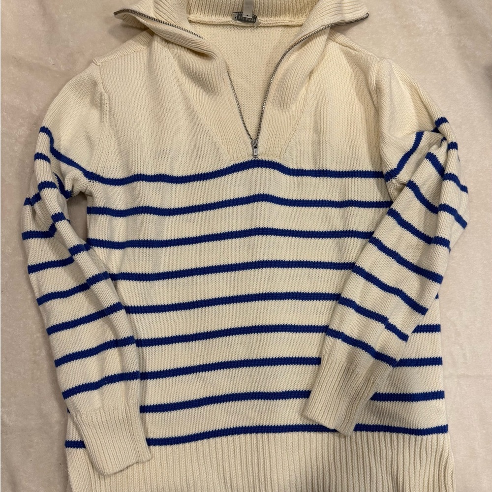 Talbots Ivory and Blue Striped Zip-Up Sweater